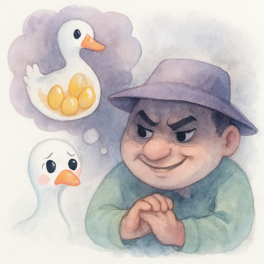 욕심난 농부가 거위 배 속의 황금알을 생각하며 탐욕스러운 표정을 짓는 장면